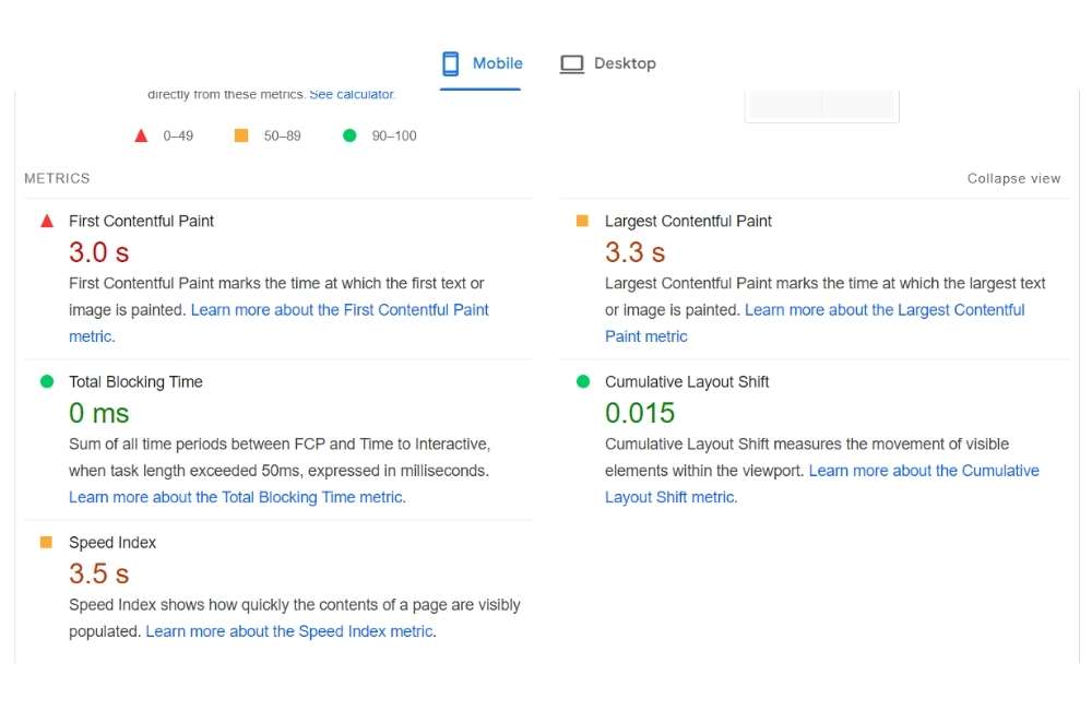 web core vital mobile metrics